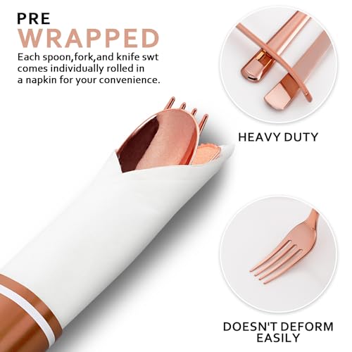 400PCS Pre Rolled Rose Gold Plastic Silverware Heavy Duty for Party (Rose Gold - Classic)