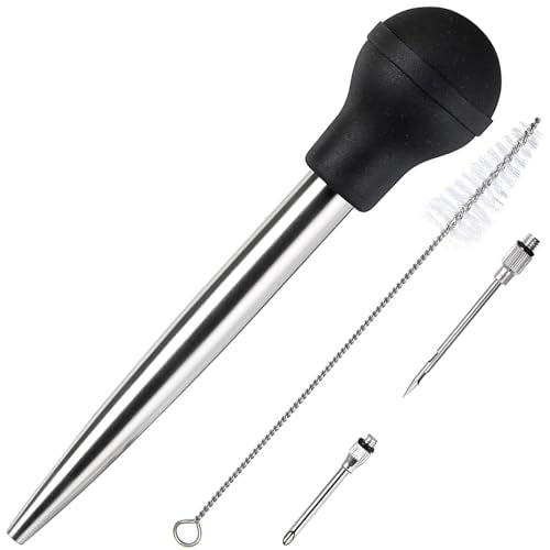 Stainless Steel Turkey Baster Commercial Grade Quality Rubber Bulb Including 2 Marinade Injector Needles and Brush for Easy Clean Up