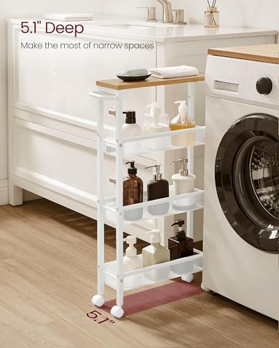 4 Tier Slim Rolling Storage cart with Wheels (Oak Beige + Classic White / 4 Tiers (5.1"D x 30.3"H))