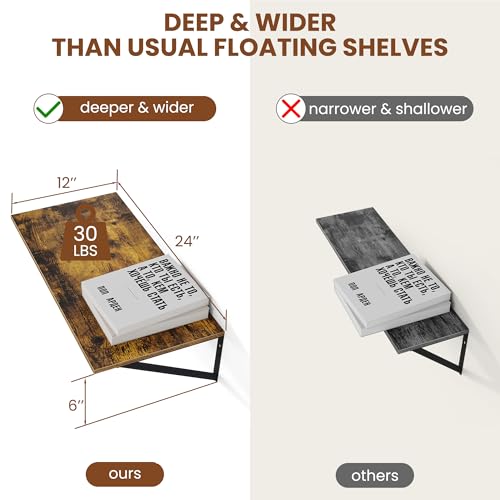 24W x 12D Deep Floating Shelves Set of 2 Rustic Brown (Rustic Brown With Black Metal Bracket / 24wx12dx5.8h)