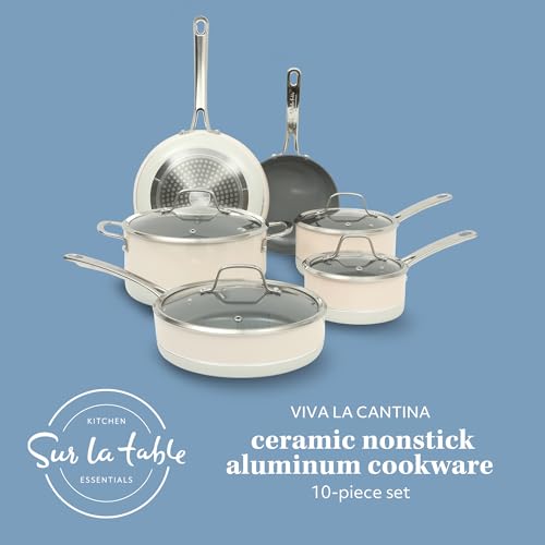 Kitchen Essentials Viva La Cantina 10 Piece PFA Free Titanium Ceramic Nonstick Interior Forged Aluminum Cookware Pots and Pans Set (Two-Tone White & Silver / 10-Piece Cookware Set)