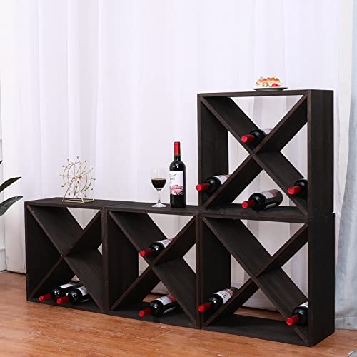 Wine Rack Cabinet countertop Wooden Stackable Storage Retro Cube freestanding Floor Wine Bottle Holder Stand ((96bottleblack))