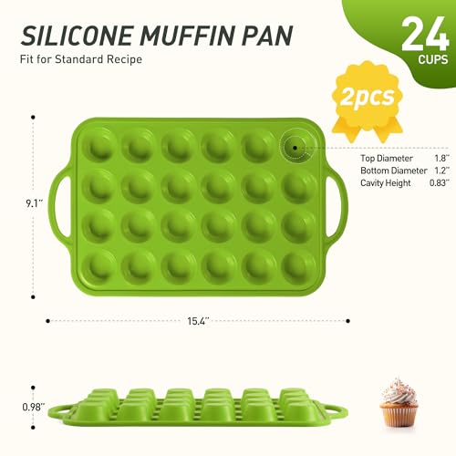 2 Packs 24 Cups Silicone Muffin Pan with Metal Reinforced Frame Mini Size Cupcake Pan Tray Egg Bites Silicone Circle Cookie Molds Muffin Tin Tart Pans Baking Sheet Set for Breakfast Sandwiches (2pc: 24-Cup Mini / Green)