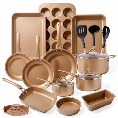 20 Piece Professional Home Kitchen Cookware and Bakeware (Matte Gold)