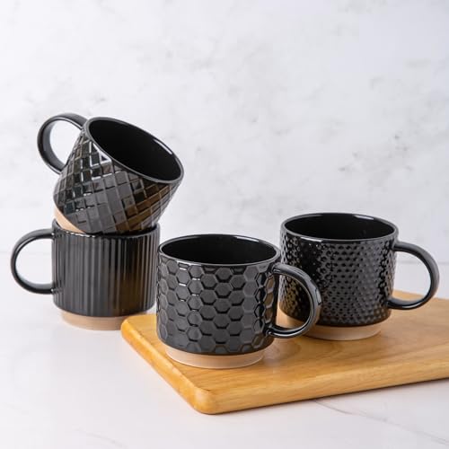 12 OZ Stackable Coffee Mugs Set of 4 (Black / 12 Ounces)
