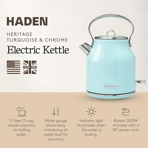 Heritage 1.7 Liter Stainless Steel Retro Electric Tea Kettle with Auto Shutoff and Dry Boil Protection (Turquoise & Chrome)