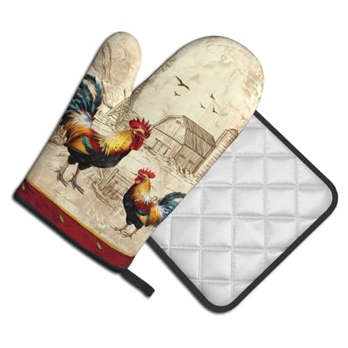 Farm Rooster Oven Mitts and Pot Holder Set of 2 Rustic Chicken Kitchen Potholders Heat Resistant Oven Glove for Baking Cooking Grilling BBQ (Farm Rooster)