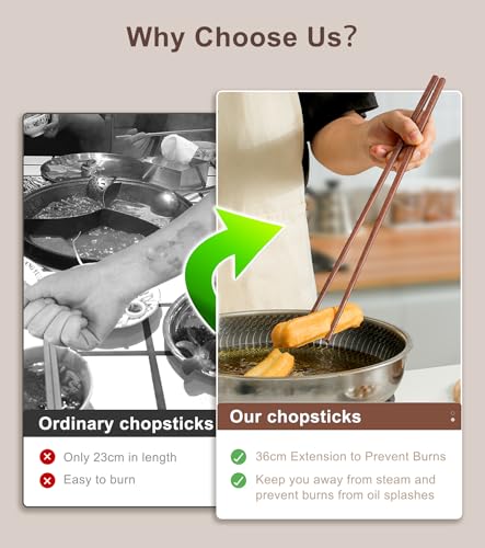 3Pairs Cooking Chopstick 14Inches Long Wooden Chop Sticks Reusable for Noodles Frying Hotpot (Style 4 - 3 Pairs - 14 inches)