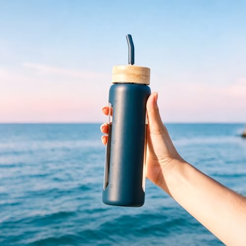 24 oz Glass Water Bottle with Straw and 2 Lids (Dark Blue / 24 Ounces)