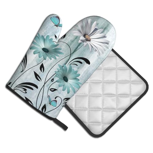 Daisy Floral Oven Mitts and Pot Holder Set of 2 Teal White Flower Heat Resistant Kitchen Mitts Potholders Washable for Cooking Grilling BBQ (Daisy Floral)