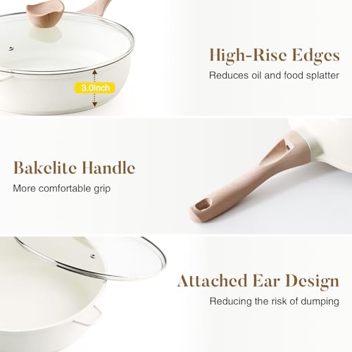 Nonstick Ceramic Deep Frying Pan Skillet with Lid (Cream Ceramic / 11 Inch)