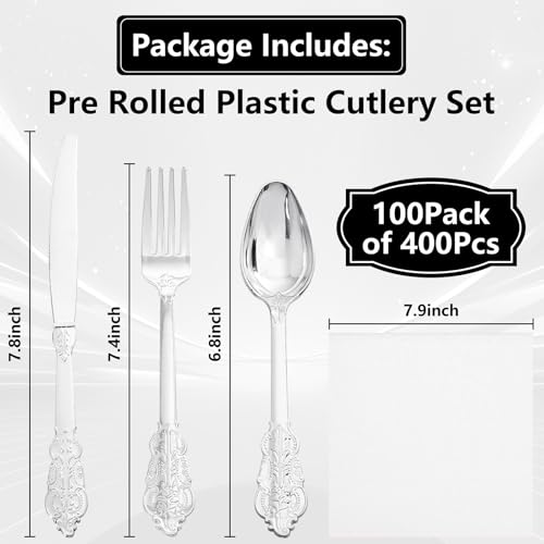 400PCS Pre Rolled Silver Plastic Silverware Sets Fancy for Wedding (Silver - Fancy)