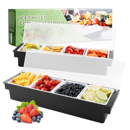 Ice Chilled Condiment Caddy with Lid and 4 Removable Trays (4 Compartment, 2 Pack)