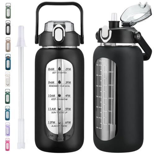 64oz Glass Water Bottles with Straw (Black / 64 Ounces)