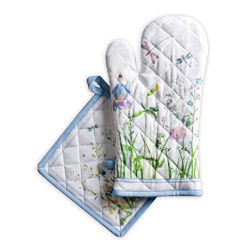 100% Cotton Oven Mitt & Pot Holder Set (012 - Fleurs De Mai / 7.5" x 13" & 8" x 8" (Oven Mitt & Pot Holder))