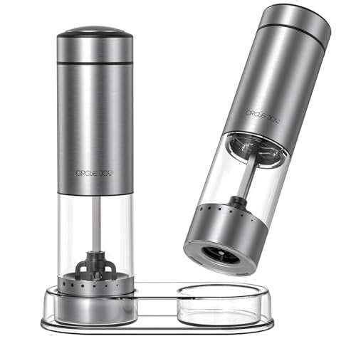 Battery Operated Electric Salt and Pepper Grinder Set with Base (Battery Operated Set with Base - Silver - Plus)