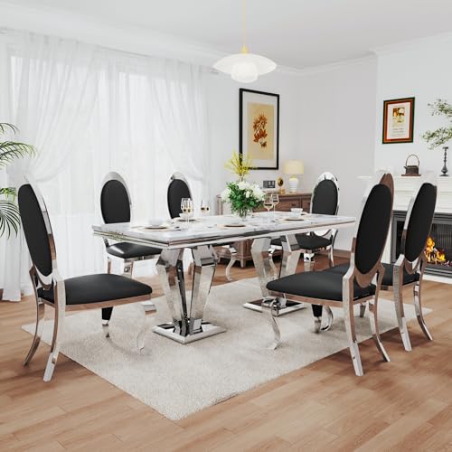 7 Piece Luxury Dining Room Set (Silver White + Black / Dining Table + 6 Oval Chairs)