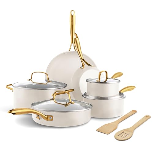 12 Piece Nonstick Swift Cookware Set (12pc Pots & Pans Set / Cream)
