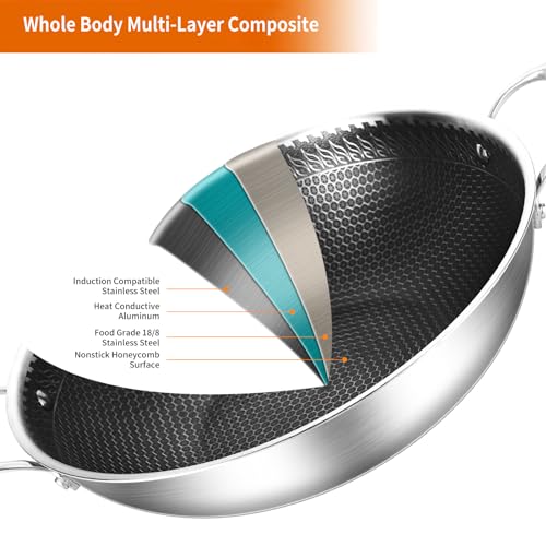 13 Inch Stainless Steel Nonstick Wok Pan with Lid 5.5Qt Pot (13 Inch/Double Handle)