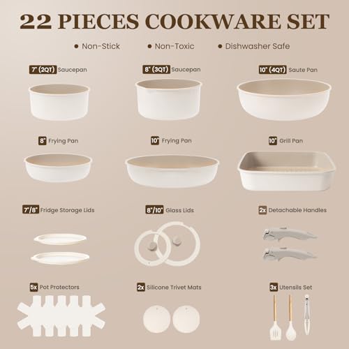 Nonstick Pots and Pans Set (Beige Taupe / 22 Pack)