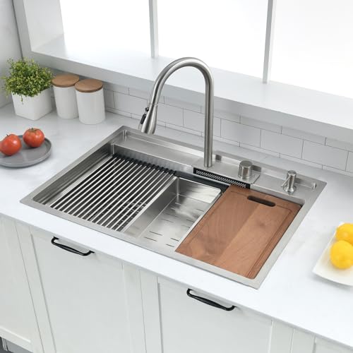 30 inch Drop in Kitchen Sink with Faucet Combo (30"L x 22"W x 10"D / Stainless Steel（Waterfall）)