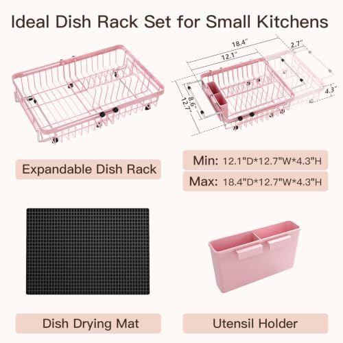 Pink Expandable Dish Drying Rack Over Sink with Extra Drying Mat (Pink / For 13"-30" W Sink with Mat)