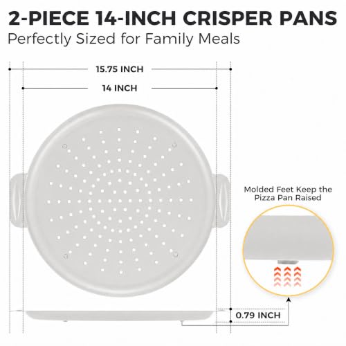 2 Pack Pizza Pan 14 Inch with Holes (Light Grey / 14inch with Handles (external size:15.75inch))