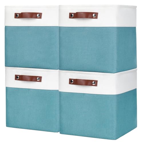 Collapsible Fabric Storage Cubes 11x11 Cube Storage Bins (Teal / Off-White / Cube - 11"x11"x11")