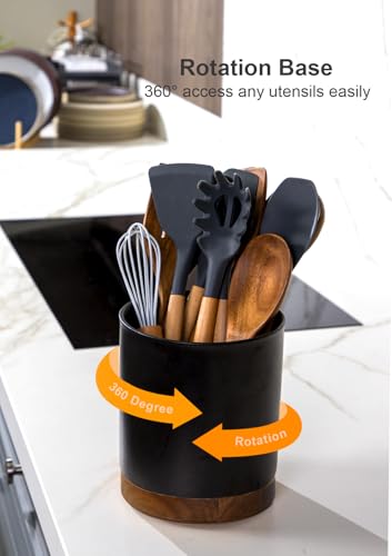 Ceramic Rotating Kitchen Utensil Holder for Countertop (Stone Black)