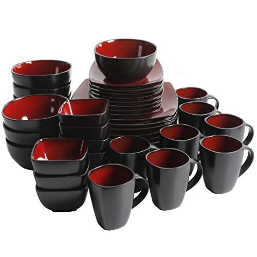Soho Lounge Square Reactive Glaze Stoneware Dinnerware Set (Service for 8 (40pcs) / Red/Black (Soho Lounge))