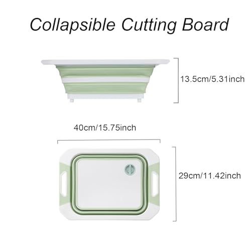 Camping Collapsible Cutting Board Dish Basin BBQ Prep Tub Camp Sink Dish Washing Station Multifunctional Storage Basket (Green White)