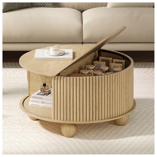 Round Coffee Table with Storage for Living Room (Oak)