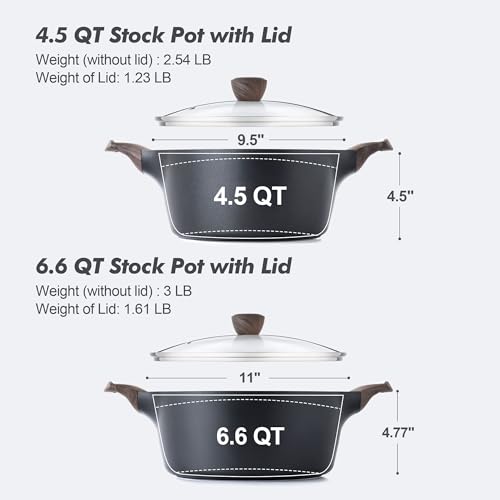 Nonstick Pot Stock Pot with Lid (4.5 + 6.6 Quarts / Classic Black)