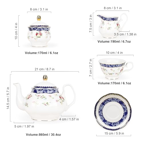 21 Piece Blue Lace and Roses Bone China Tea Sets for Adults (21 Count)