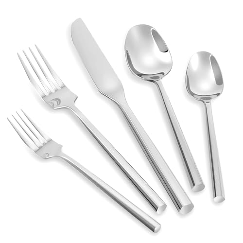 Silverware Set with Hexagon Handle 60 Piece Service for 12 (Silver / 60 Pcs)