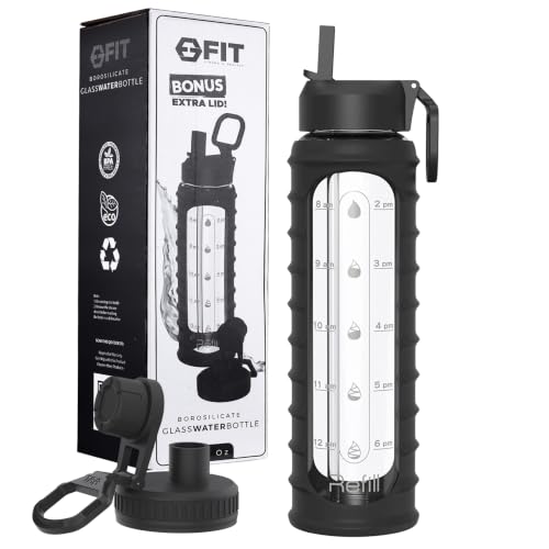 32 oz Glass Water Bottle with Time Marker (Ribbed Black Sleeve)