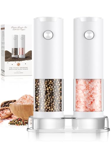 Electric Salt and Pepper Grinder Set Automatic Battery Pepper Mill Shakers Kitchen Gadgets Adjustable Coarseness Upgraded Larger Capacity with Led Birthday Gifts for Women (White/White)