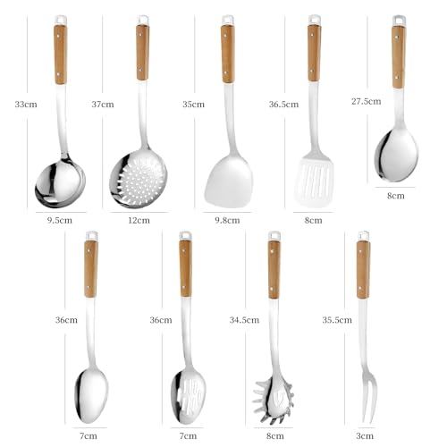 9pcs Cooking Utensils Set 304 Stainless Steel Kitchen Utensils with Wooden Hanlde Metal Kitchen Utensils Soup Ladle Set Dishwasher Safe Kitchen Essentials Set Kitchen Tool Set (9 Count)