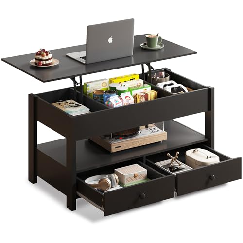 Lift Top Coffee Table with 2 Drawers (Rustic Black / 39" with Drawer)