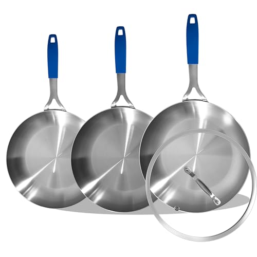 8.5-10-12 Inch Stainless Steel Pans Set with Lid, Detachable Handle