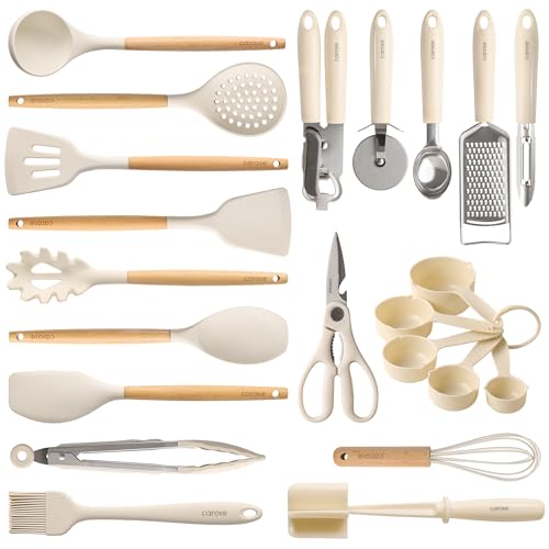 22 Piece Cooking Utensils Set with Wood Cool (22 PCS / Cream White)