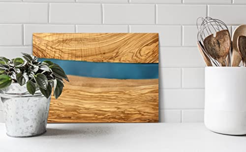 Handcrafted Italian Olive Wood Cheese & Charcuterie Board Set with Unique Blue Resin Artwork (Blue)