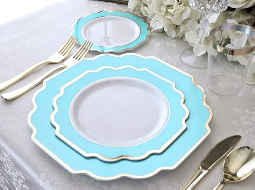 OCCASIONS Disposable Plastic Plates for 80 Guests (640 Piece (80 Guest) / F. Imperial Aqua & Silver)