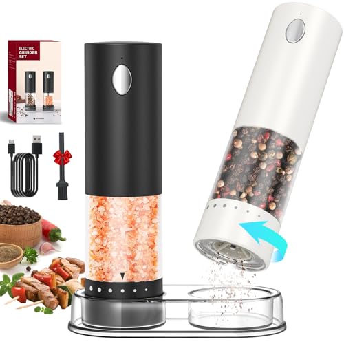 Electric Salt and Pepper Grinder Set Rechargeable Salt and Pepper Mills with 6 (Black White)