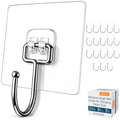 Adhesive Large Wall Hooks for Hanging Heavy Duty No Drill (Large, 18 pcs)