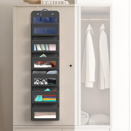 6 Clear Pocket Over Door Hanging Organizer (6 Pockets / Dark Gray)