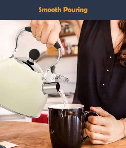 Tea Kettle 2 Quart Stainless Steel Whistling Tea Kettle (White)