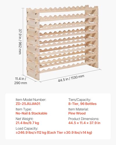 96 Bottle Stackable Modular Wine Rack (Natural Wood Color / 8-Tier 96 Bottles)