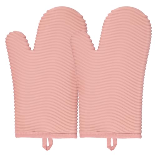 Silicone Oven Mitts (2PCS-12"L x 7"W/PINK-WAVE SURFACE)