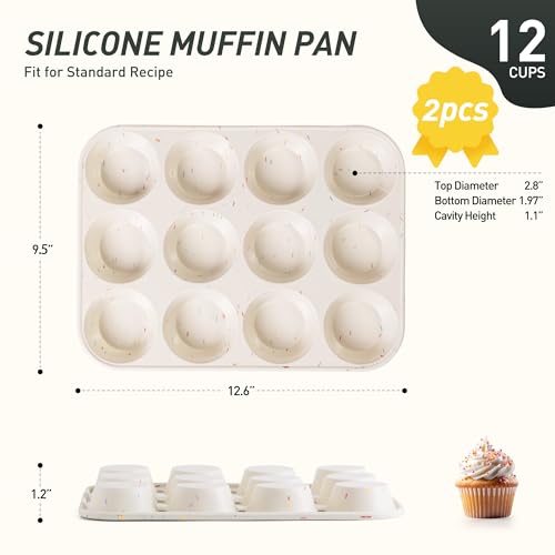 2 Pack 12 Cups Silicone Muffin Pan with Metal Reinforced Frame Regular Size Silicone Molds Cupcake Cake Baking Pans Cookie Baking Chocoflan Cupcake Mold Not Stainless Steel Ceramic Aluminum (2pc: 12-Cup Regular / Black and Cream)